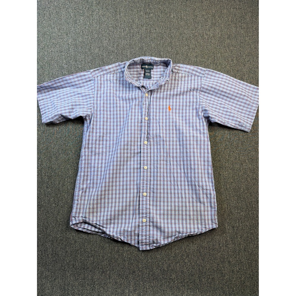 Ralph Lauren Boys Blue Orange Plaid Short Sleeve Button Down Shirt Size L 16/18